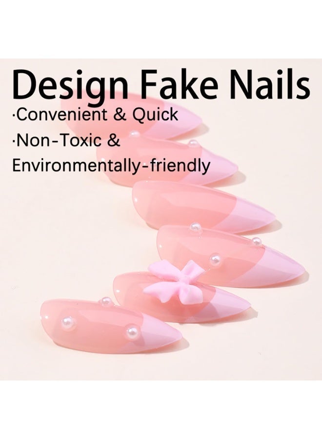 Joudi 24 Pcs Pink French Tip Press on Nails Short Fake Nails Almond Shape False Nails Reusable Acrylic Nails Press ons Cute Pearl Bow Nails Design Handmade Nails Full Cover Glue-Free on Nails for Women - Image 5